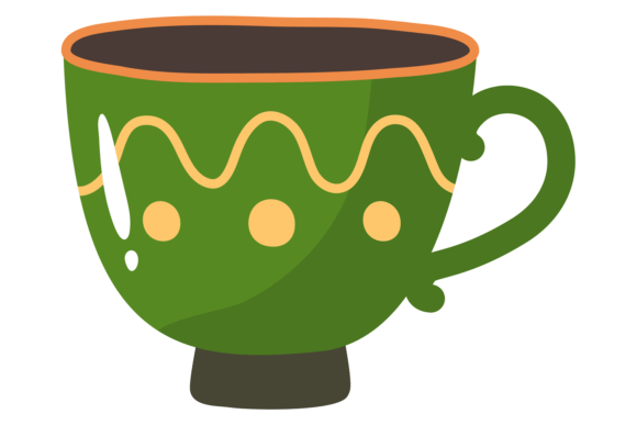 Ceramic Cup Cartoon Icon. Green Patterne